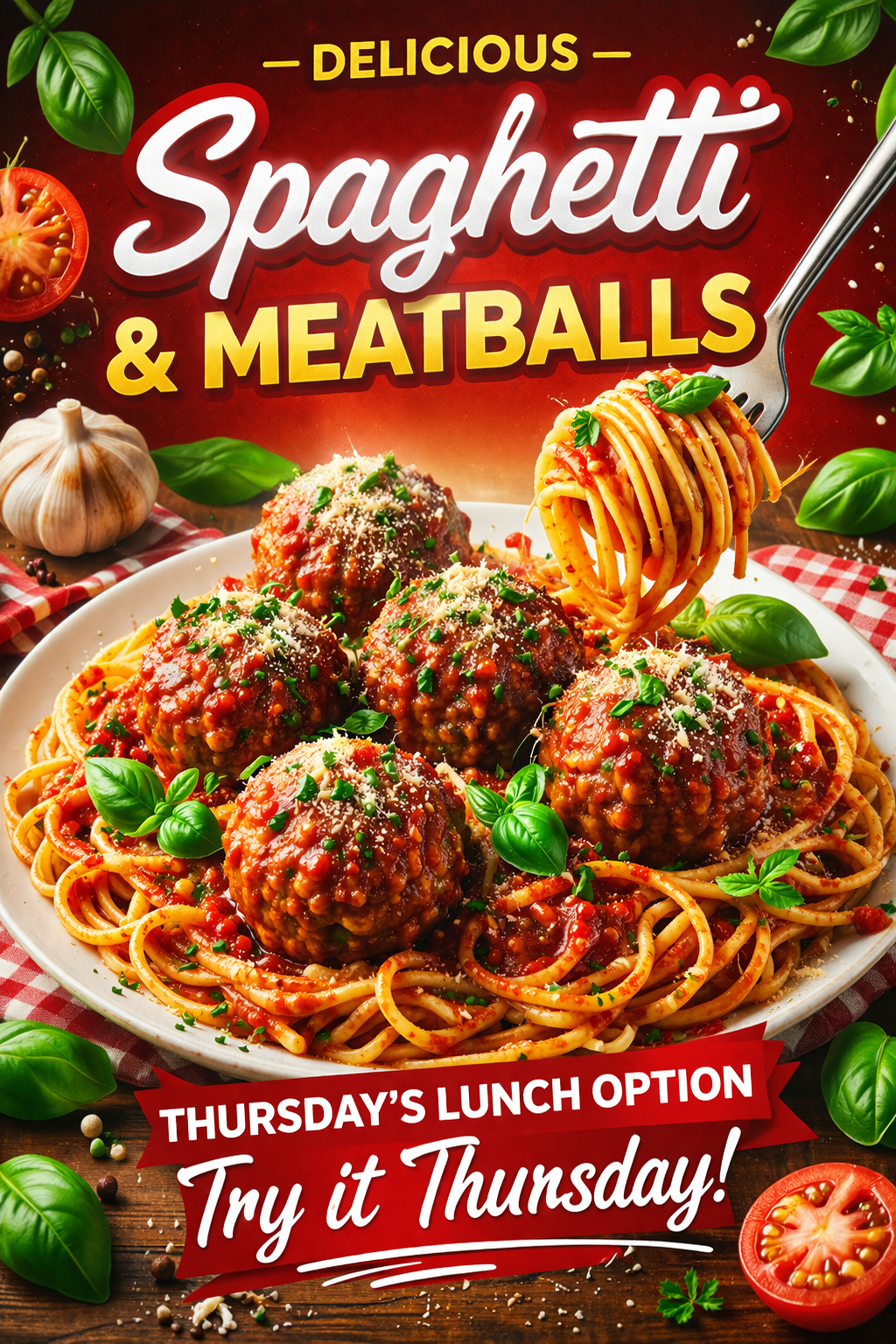 Image of spaghetti and meatballs for Thursdays menu in the Chef's Cafe
